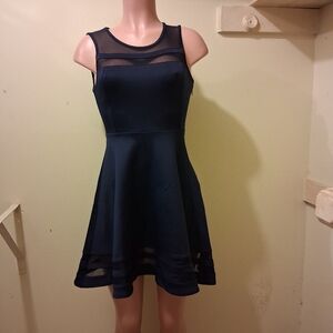 Lulus Navy Blue Sleeveless Fit & Flare Dress Sheer Mesh Neckline Skater Style